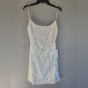 Macy's White and Silver Sequin Junior Formal Dress